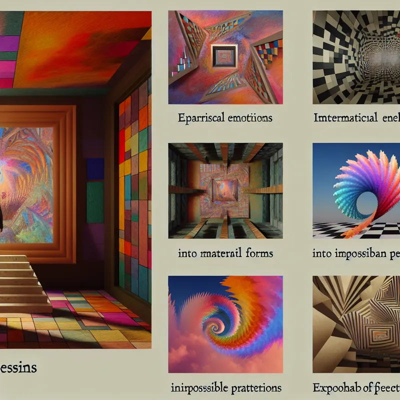 Surrealistisch beeld van een kunstenaar in een levendige, geometrische studio met intrigerende patronen en onmogelijke structuren.