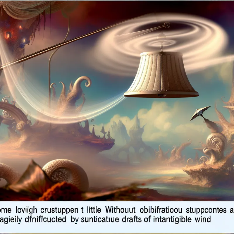 Een surrealistisch beeld van een grote, versierde lamp die in de lucht balanceert boven een fantasielandschap met vreemde wezens en kronkelige bomen.