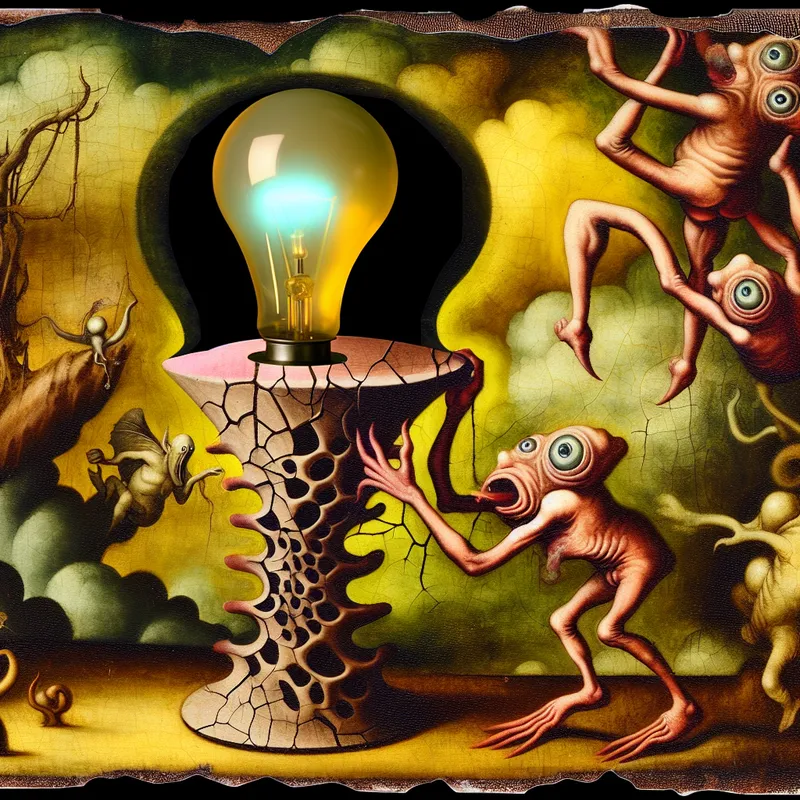 Surrealistisch tafereel met een gebroken lamphouder die een enorme, gloedvolle lamp ondersteunt te midden van bizarre wezens.