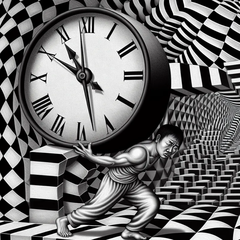 Een persoon met een zware klok van ingewikkelde geometrische patronen, met de handen van de klok die op onmogelijke manieren draaien, in een surrealistische setting.