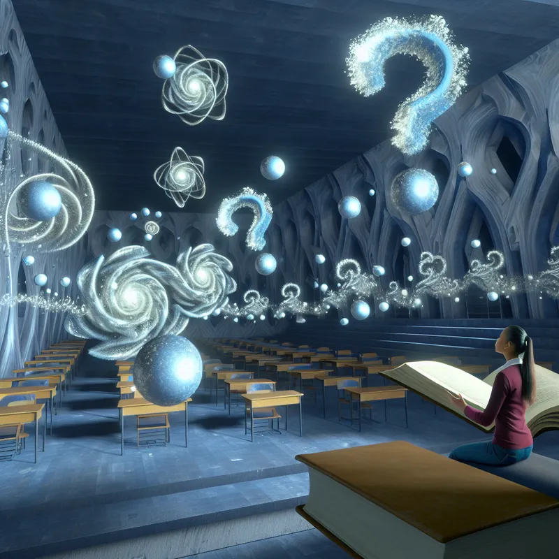 Surrealistische klaslokaal-scène waarin leerstof als zwevende, gloeiende elementen wordt weergegeven, met een student die interacteert met abstracte kennisdeeltjes zoals formules en historische figuren