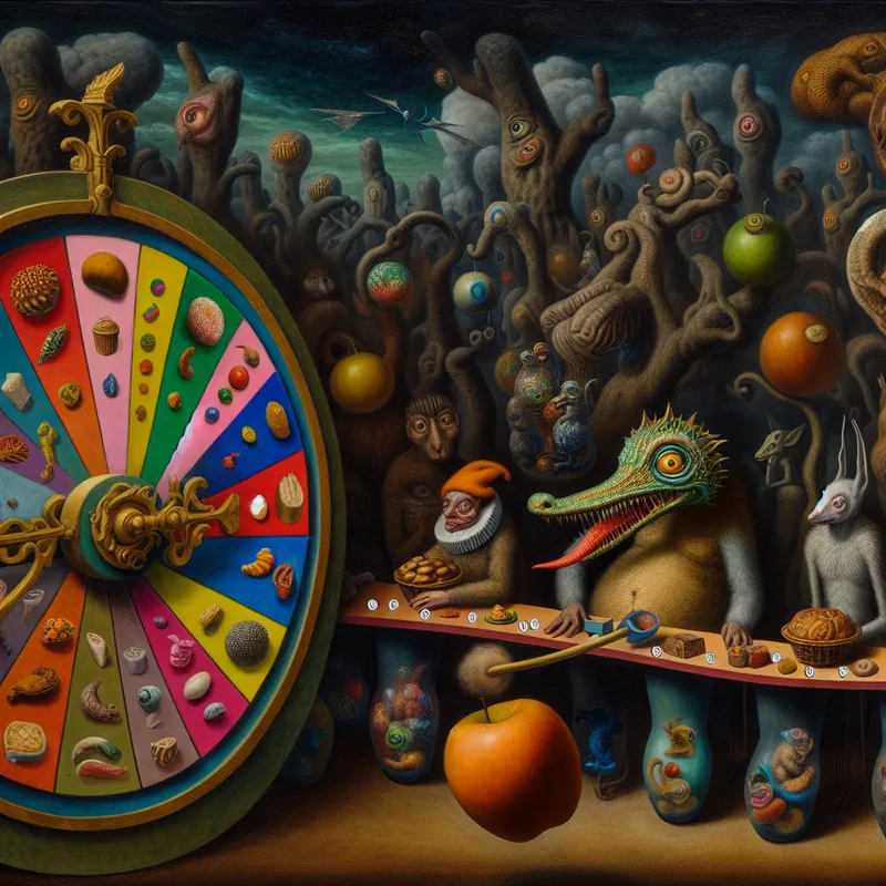 Een surrealistisch tafereel met een diverse groep fantasierijke wezens die om een kleurrijk draaiend rad staan te wachten om een keuze te maken.