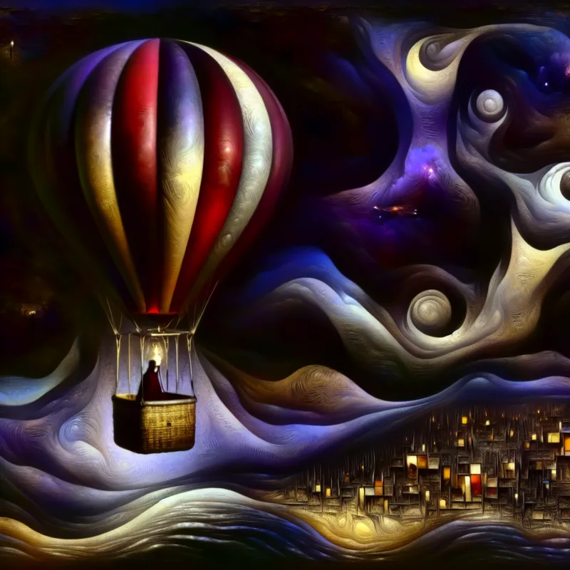 Surrealistische luchtballonmand met eenzame figuur zwevend boven een droomachtig landschap in gotische stijl