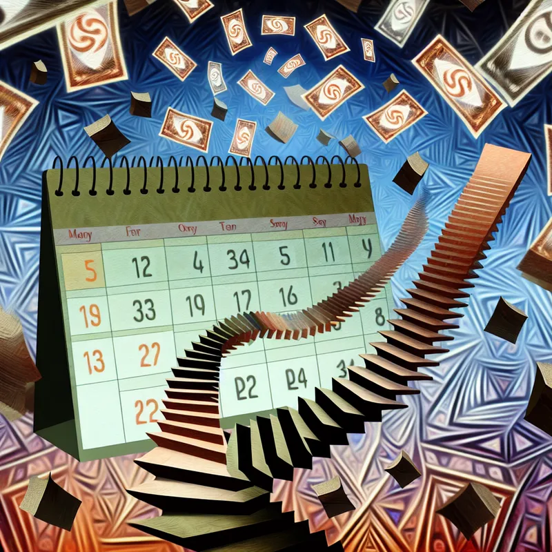 Surrealistische geometrische illustratie van een kalender met de eerste dag van de maand en imposante geometrische vormen die het proces van maandelijkse betalingen voorstellen.
