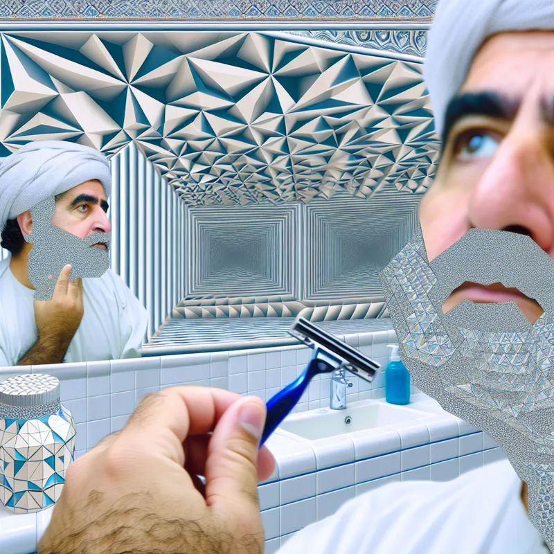 Een surrealistisch beeld van een man die zijn baard scheert in een spiegelbadkamer, met complexe reflecties en geometrische patronen.