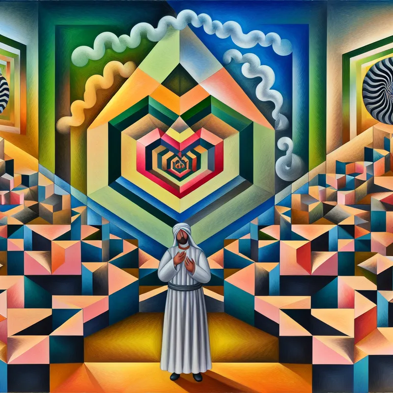 Een surrealistisch geometrisch tafereel met een man die zijn liefde vormt met zijn handen in een wereld van optische illusies en geometrische structuren.