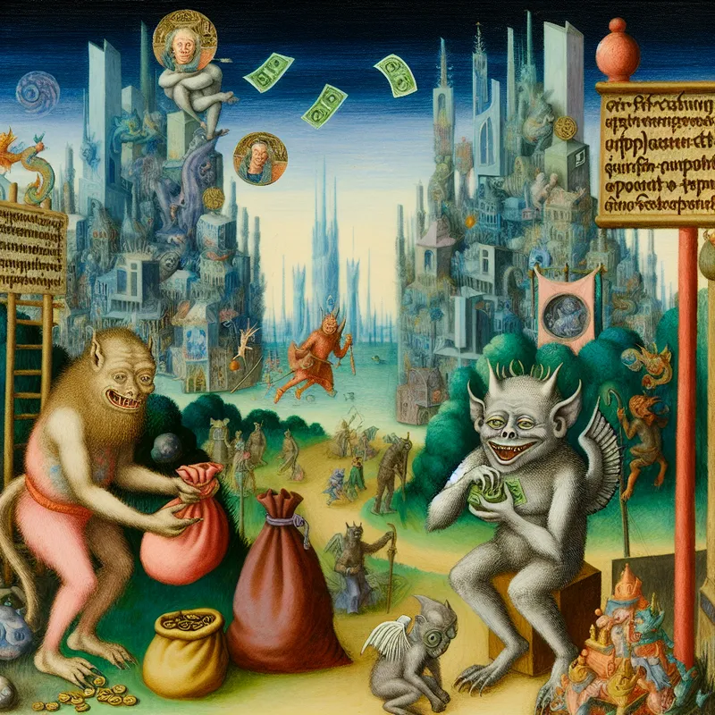 Een surrealistisch tafereel van een drukke markt met bizarre wezens die handelen, met een hybride schepsel dat een zak met munten vasthoudt.