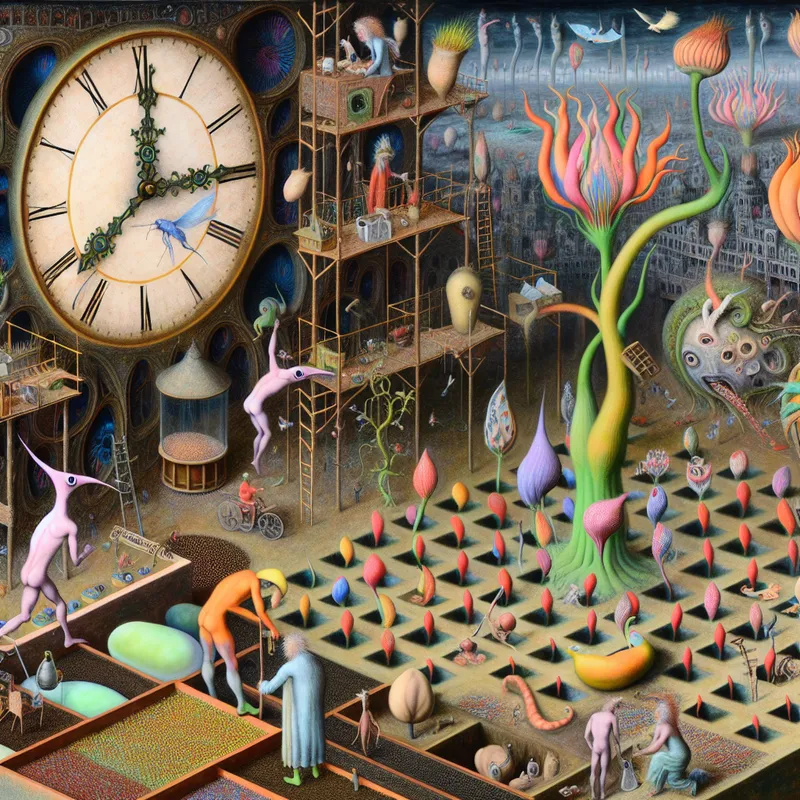 Surrealistisch marktpleintje met bizarre wezens en ongebruikelijke planten rond een grote klok die het 'juiste moment om te handelen' aangeeft.