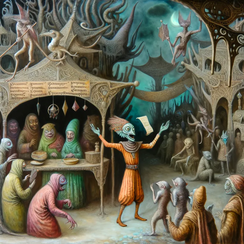 Een kleurrijk surrealistisch marktplein met een nieuwsboodschapper die communiceert met bizarre wezens.
