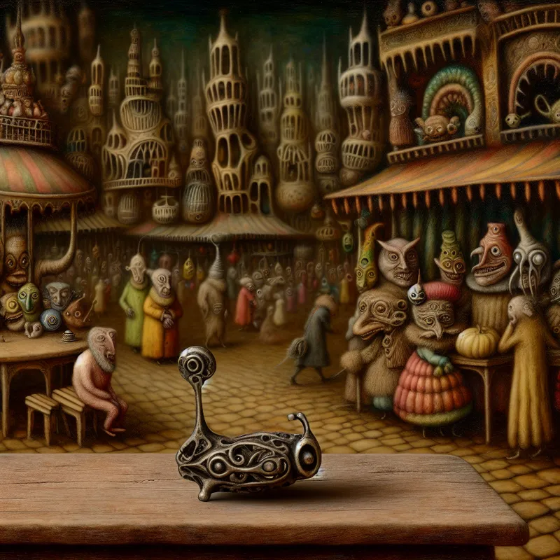 Een surrealistisch beeld van een bizarre marktplaats met een vreemd voorwerp op een houten tafel en vreemde wezens die converseren.