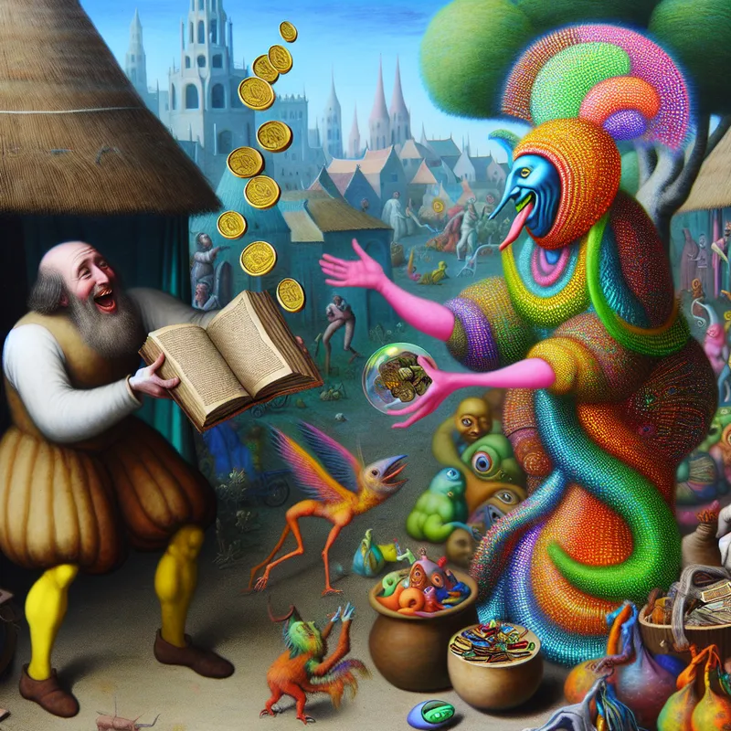 Surrealistische marktscene met een man die een kleurrijk boek in ruil voor tien munten geeft aan een fantasierijke verkoper omringd door bizarre creaturen.