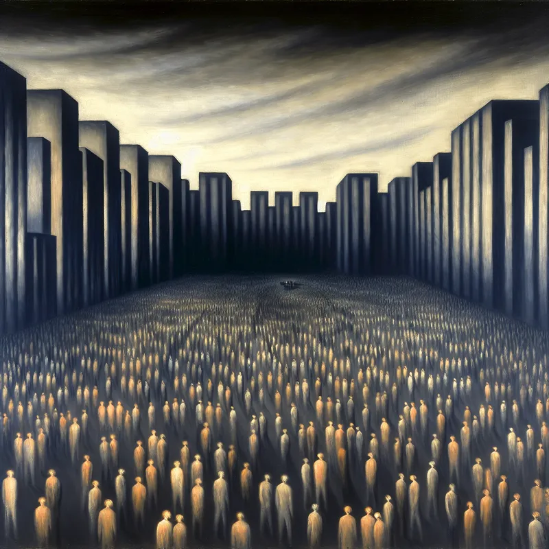 Hyperrealistisch en surrealistisch stadsplein bij schemering met een enorme anonieme menigte, illustratief voor het concept 'tweehonderden' of een grote hoeveelheid mensen