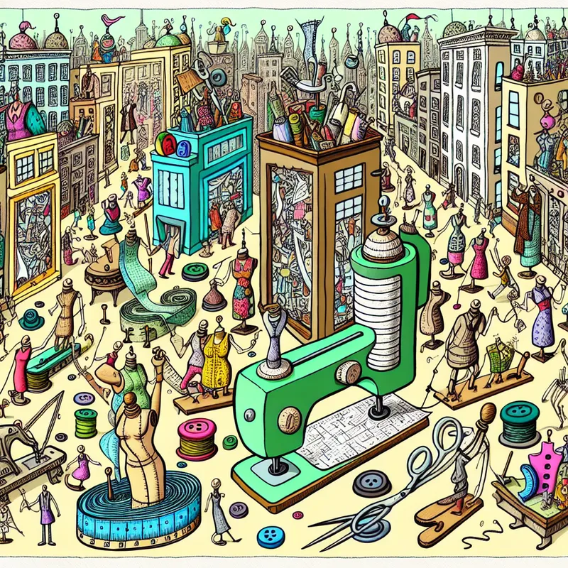 Kleurrijke cartoon van een surrealistische modewereld met gebouwen van naalden, stoffen en paspoppen, bevolkt door antropomorfe scharen en meetlinten