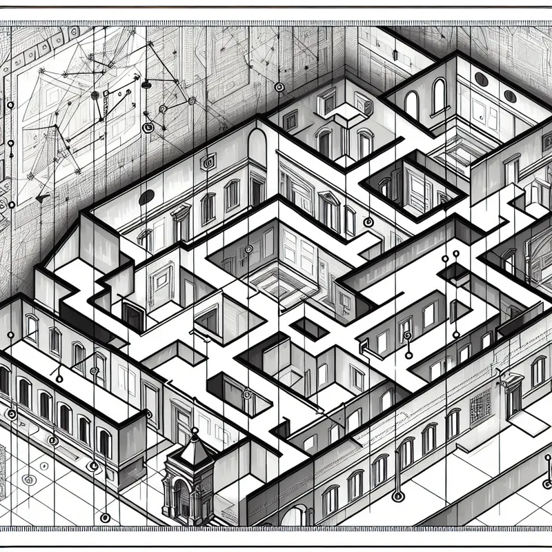 Surrealistische plattegrond van een museum in M.C. Escher-stijl met onmogelijke constructies en optische illusies