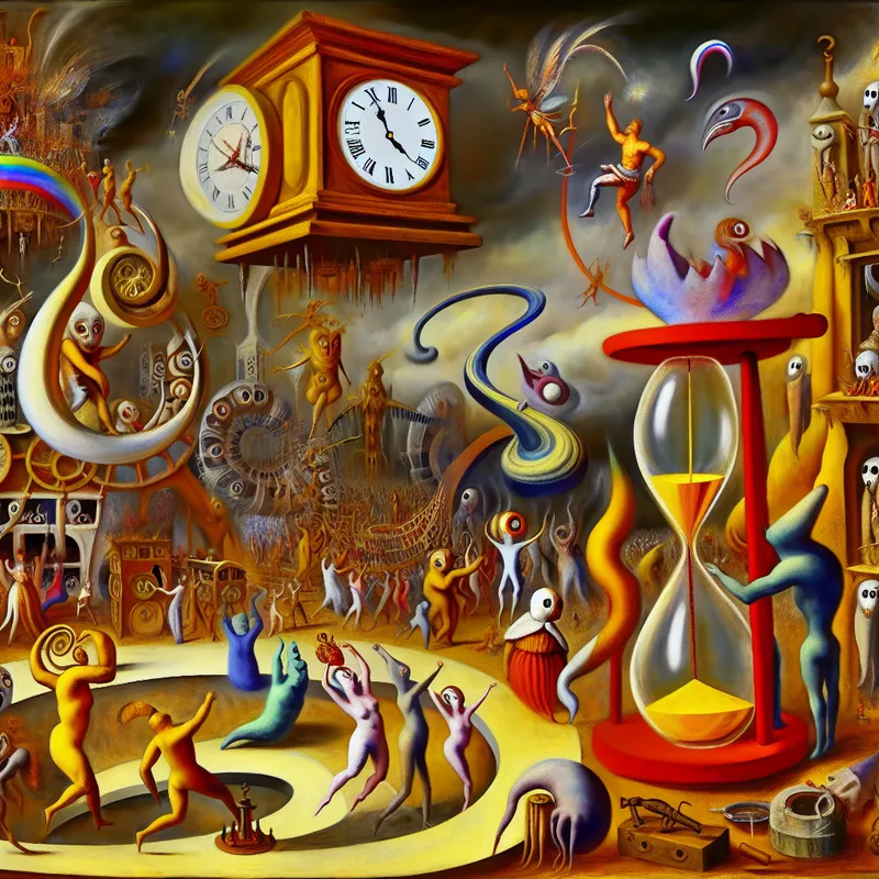 Surreële afbeelding van de naderende nieuwjaarsviering met bizarre wezens, zoals antropomorfe klokken, dansende figuren rond een grote countdown-timer.