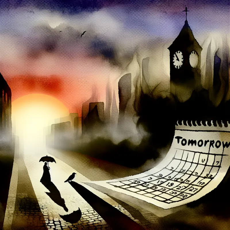 Surrealistisch ochtendlandschap met een opkomende zon en een personage dat naar een grote kalender kijkt in een stille stad.