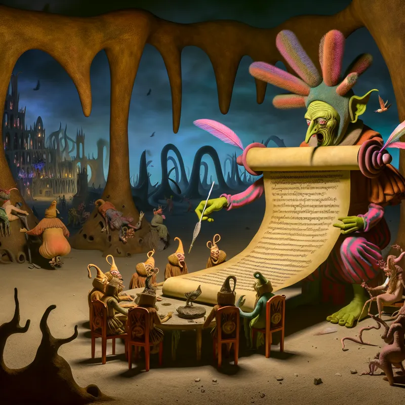 Surrealistisch tafereel van een chaotische onderhandelingstafel met bizarre wezens die een scroll bespreken.