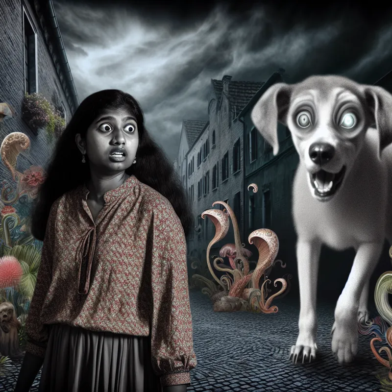 Jonge vrouw op een kasseistraat kijkt geschrokken naar een surrealistische hond met gloeiende ogen en lange ledematen.