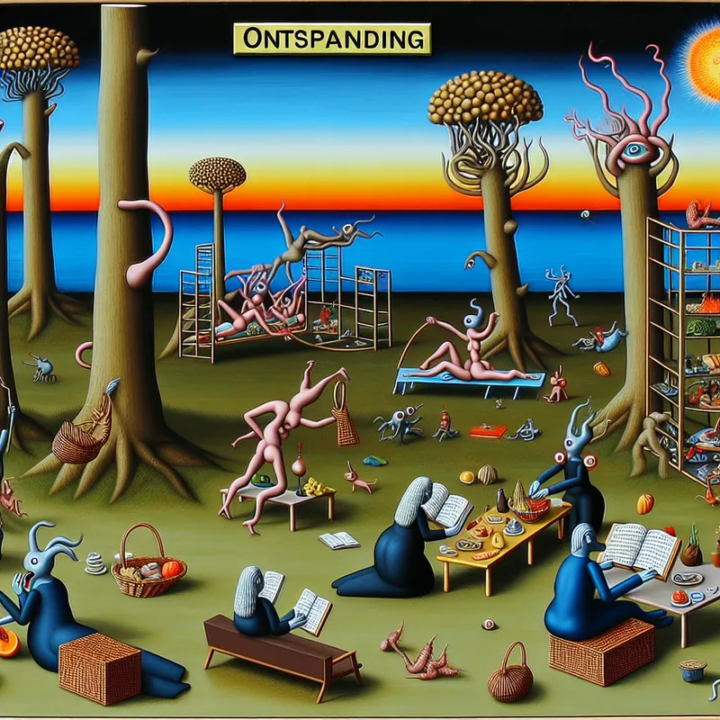 Surrealistisch tafereel van een weekend retraite met bizarre wezens die ontspannen in een fantasierijke tuin