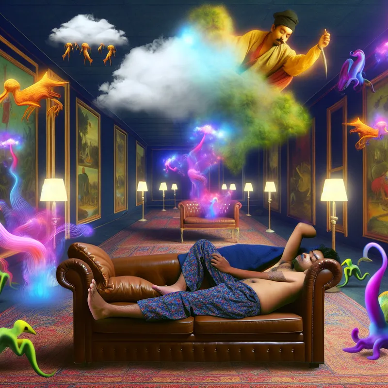 Een persoon ontspant op een luxueuze bank in een surrealistische kamer vol vreemde wezens, gekleurde elementen en ethereal wolken.