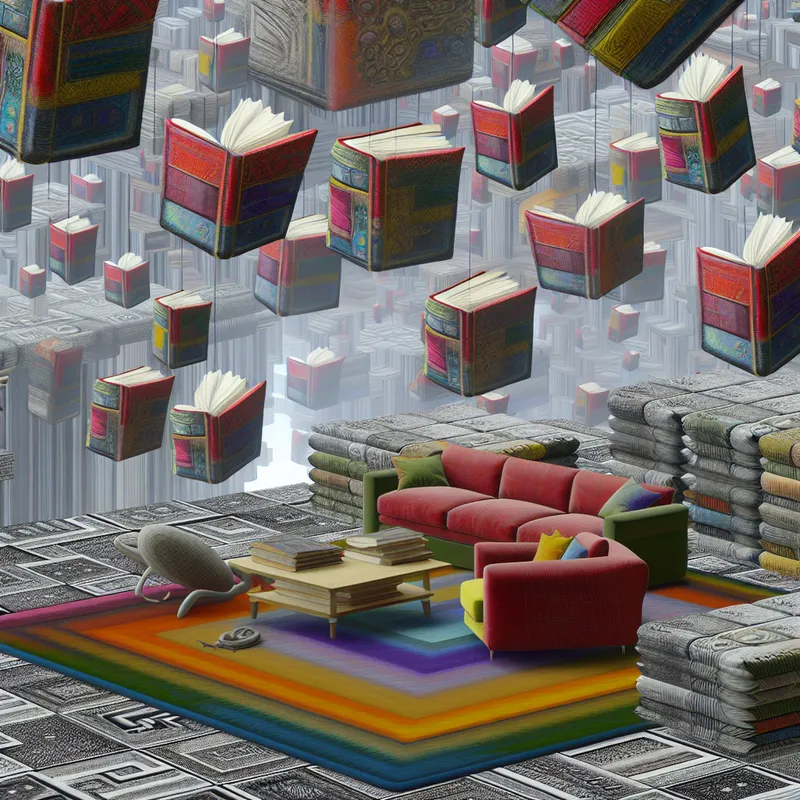 Surrealistische scène met kleurrijke, oversized boeken en karakters die voorwerpen optillen en ordenen