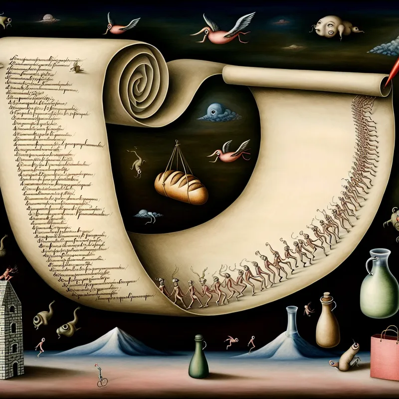 Surrealistische voorstelling van een boodschappen- of takenlijst die tot leven komt in de stijl van Hieronymus Bosch, met zwevende objecten en bizarre wezens