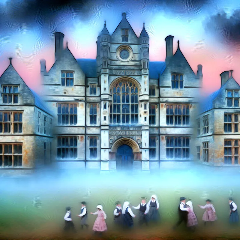 Surrealistische afbeelding van een oude school met hoge architectuur, omgeven door mist, met kinderen in vintage kleding die spelen.