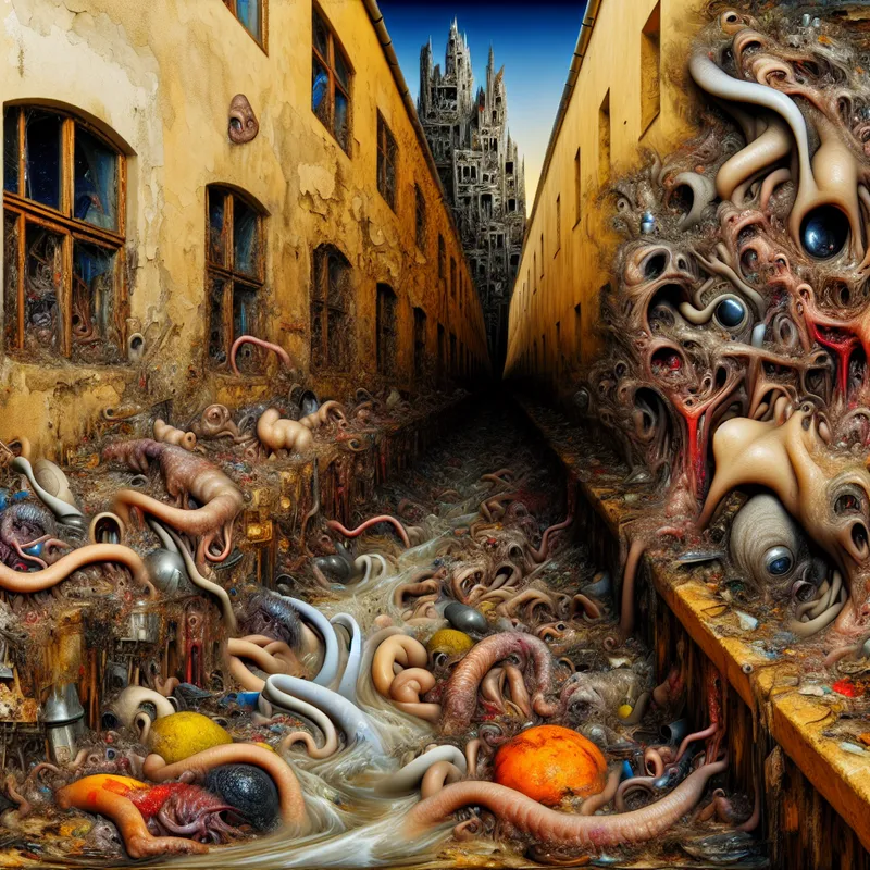 Surrealistisch tafereel van een overvolle goot vol afval en groteske wezens, symboliserend aanwezigheid in grote hoeveelheden