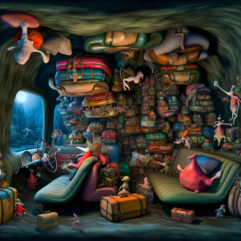 Surrealistisch interieur van een auto vol bizarre, zwevende tassen en koffers in de stijl van Hieronymus Bosch, symbool voor voldoende plek of ruimte