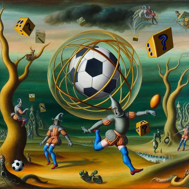 Surrealistische illustratie van een middeleeuwse voetballer die een krachtige poging doet op een doel bewaakt door bizarre hybride wezens, met een gloeiende bal en symbolische elementen zoals dobbelstenen en vraagtekens
