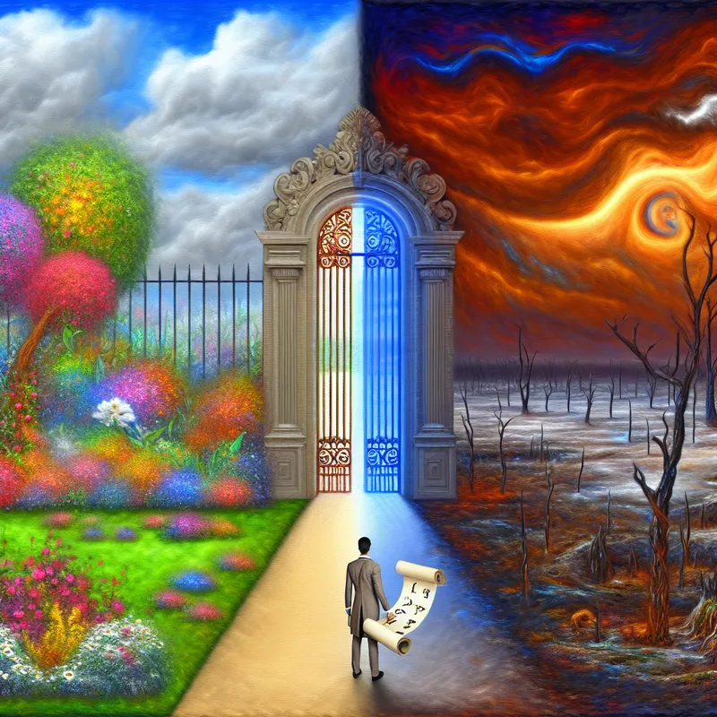 Surrealistische afbeelding van een grote, gedeeltelijk geopende poort met een uitnodigende tuin links en een kale woestenij rechts, met een persoon die een perkament met regels vasthoudt.