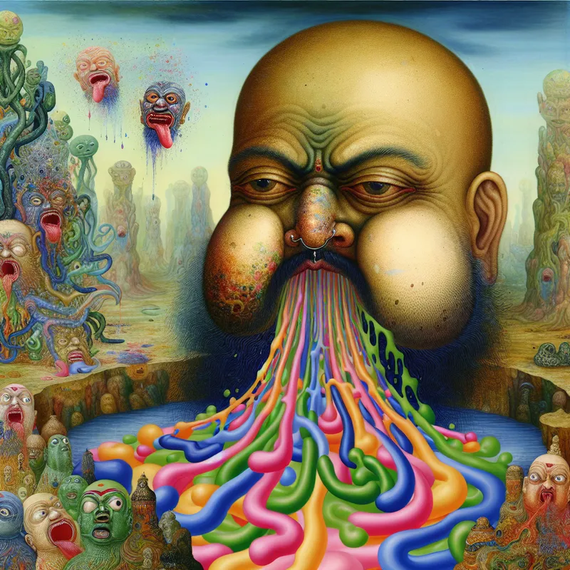 Surrealistische afbeelding van een persoon met opgezette wangen, vol speeksel, omringd door bizarre wezens in een vreemde omgeving.