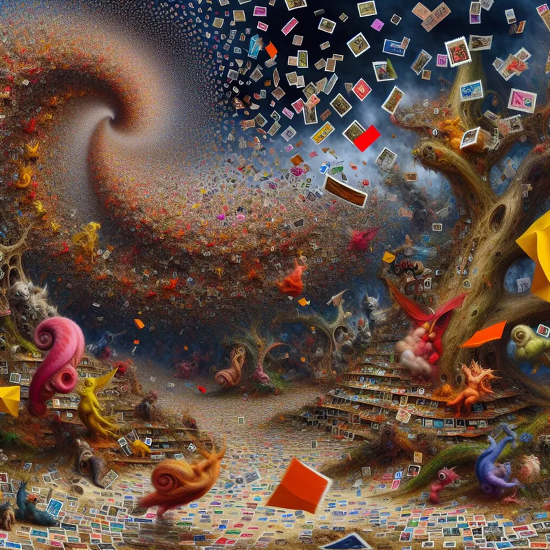 Surrealistisch tafereel van een enorme, chaotische hoop kleurrijke postzegels die in de lucht zweven, omringd door bizarre wezentjes in een droomachtige tuin in de stijl van Jheronimus Bosch