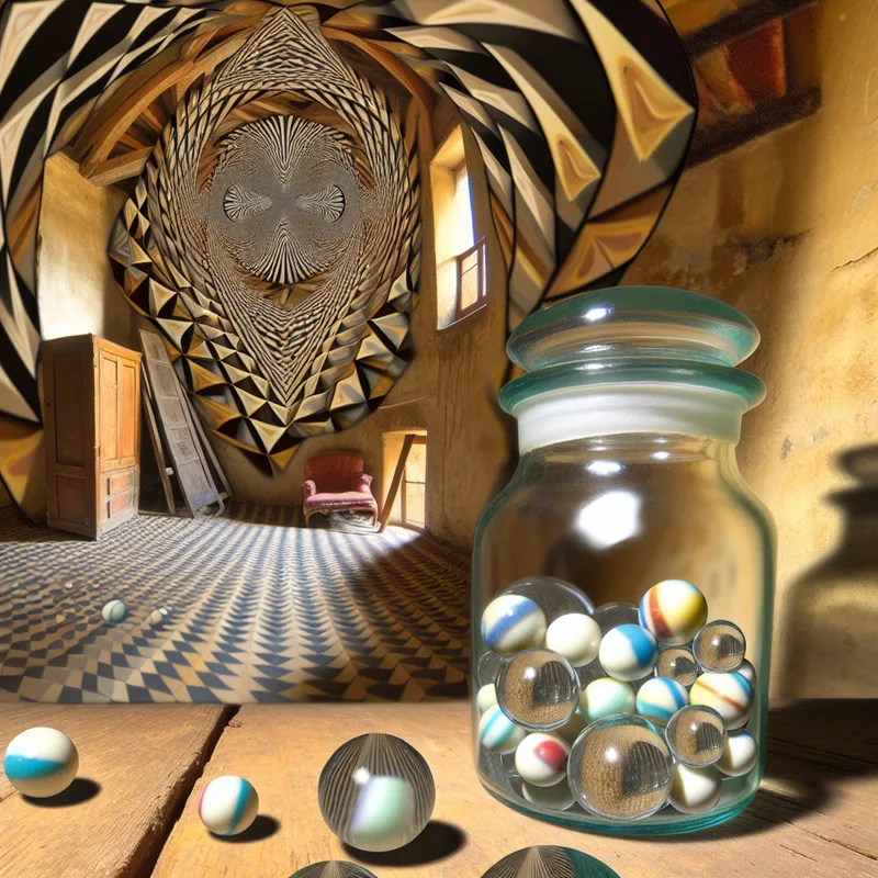 Een surrealistisch beeld van een klein potje met knikkers op een houten zoldervloer, omringd door geometrische vormen en optische illusies.