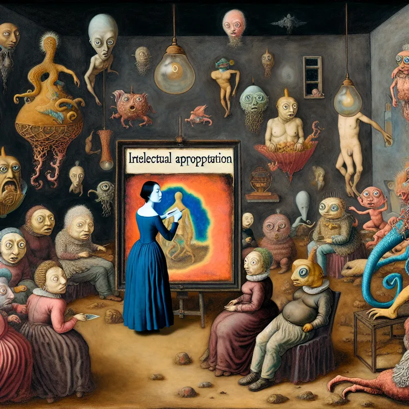 Een vrouw presenteert een kleurig canvas in een surrealistische omgeving vol bizarre wezens, geïnspireerd door Hieronymus Bosch.