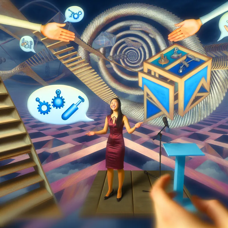 Een persoon presenteert met een podium in een surrealistisch geometrisch landschap geïnspireerd door M.C. Escher, met illusies van samenwerking en teamwerk.