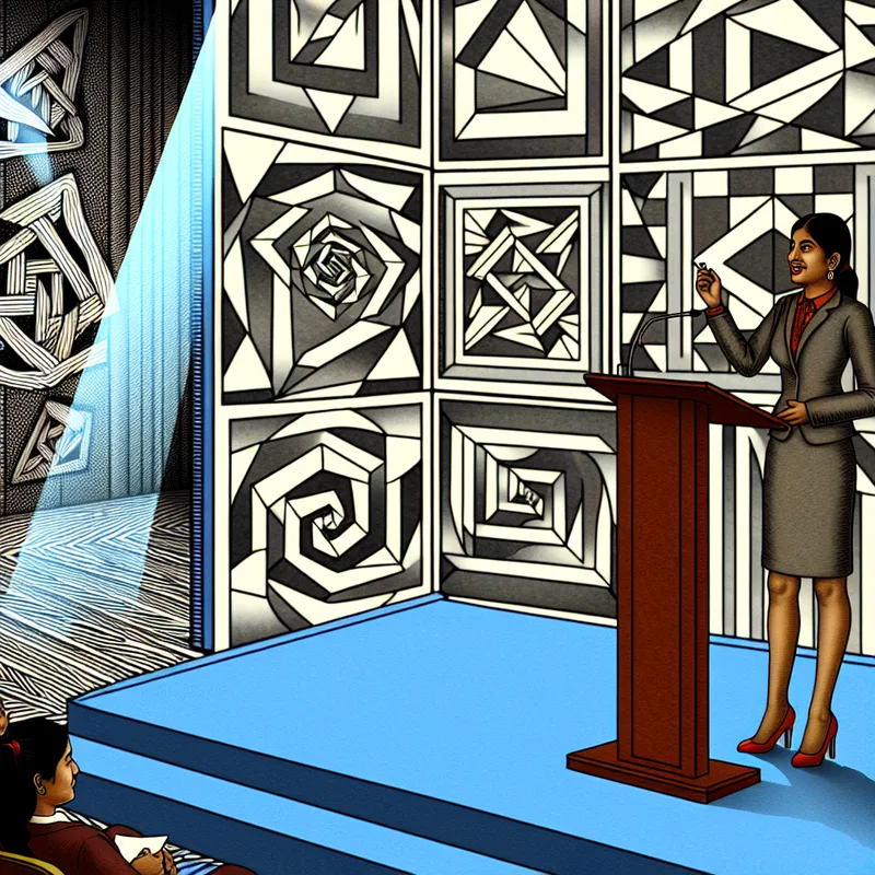 Een zelfverzekerd persoon in een vergaderruimte presenteert voor een publiek, omgeven door surrealistische patronen en abstracte vormen.