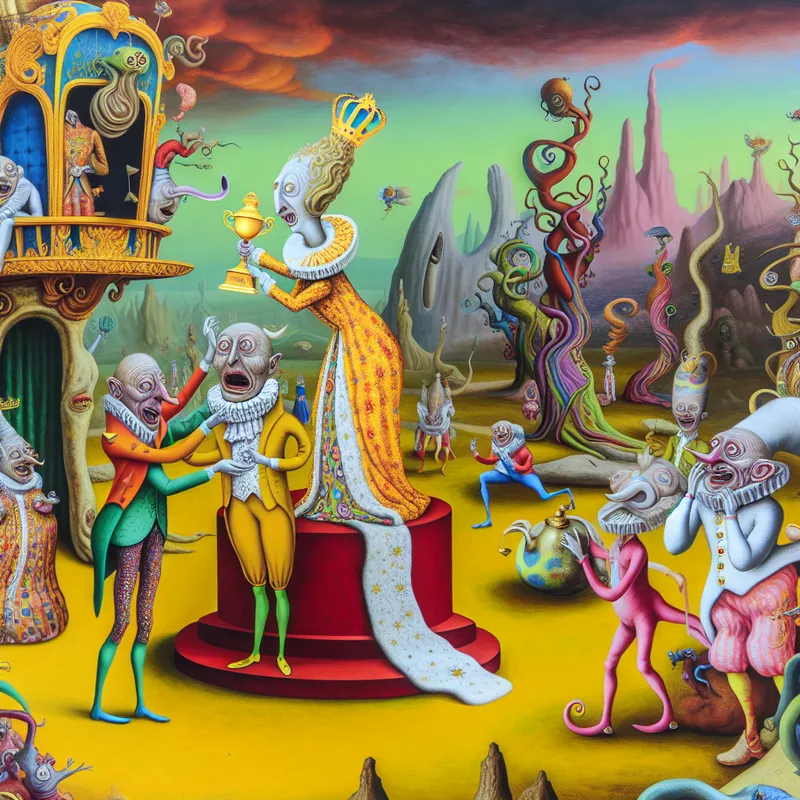 Een divers jury van surrealistische wezens reikt een gouden trofee uit aan een jubelende winnaar in een kleurrijke fantasiewereld.