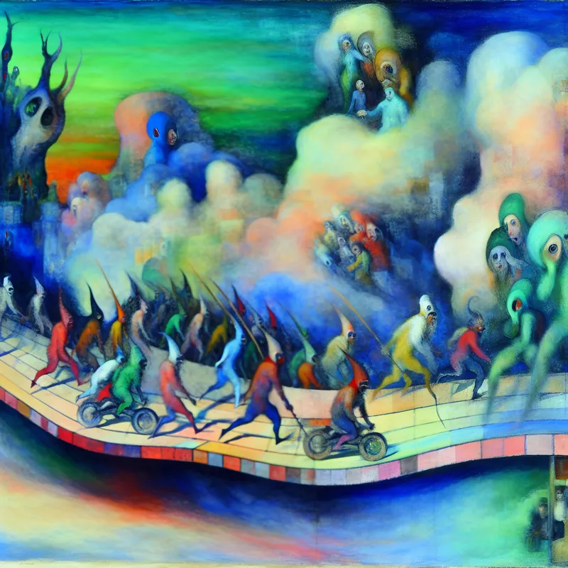 Een surrealistische race met fantasie wezens op een levendig parcours vol spanning.