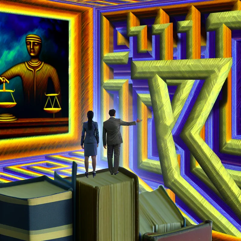 Surrealistische rechtbank met geometrische structuur die 'de wet' symboliseert, met complexe patronen en een schaduwachtige figuur.