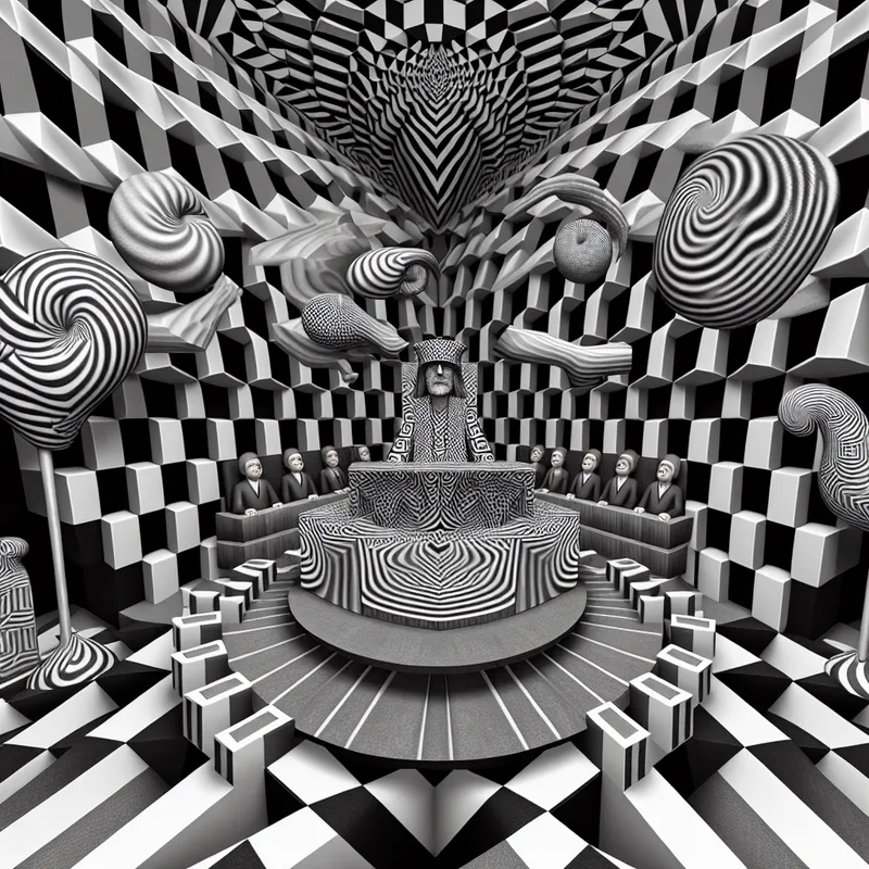 Surrealistische rechtszaal met een rechtersfiguur in M.C. Escher stijl, zittend op een geometrische bank met illusies eromheen.