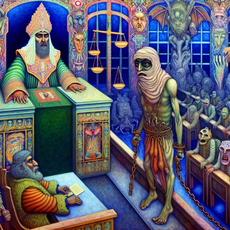 Surrealistische rechtszaal met rechter en ketting vastgehouden aangeklaagde, bizarre jurywezens
