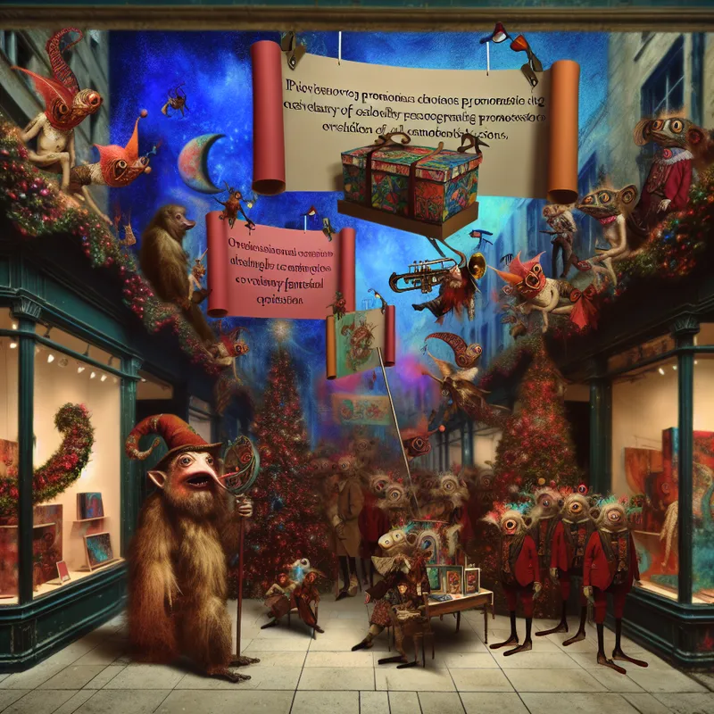 Een levendig surrealistisch reclamebeeld van een winkel vol bizarre wezens die een feestelijke vakantie vieren met enorme banners en kleurrijke kleding.