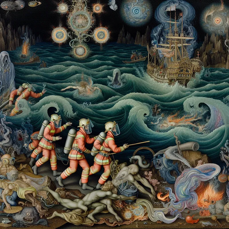 Surrealistisch tafereel van een reddingsactie op zee met brandweerlieden die een slachtoffer uit woelige wateren redden, omringd door gloeiende zeedieren en symbolische elementen in de stijl van Hieronymus Bosch