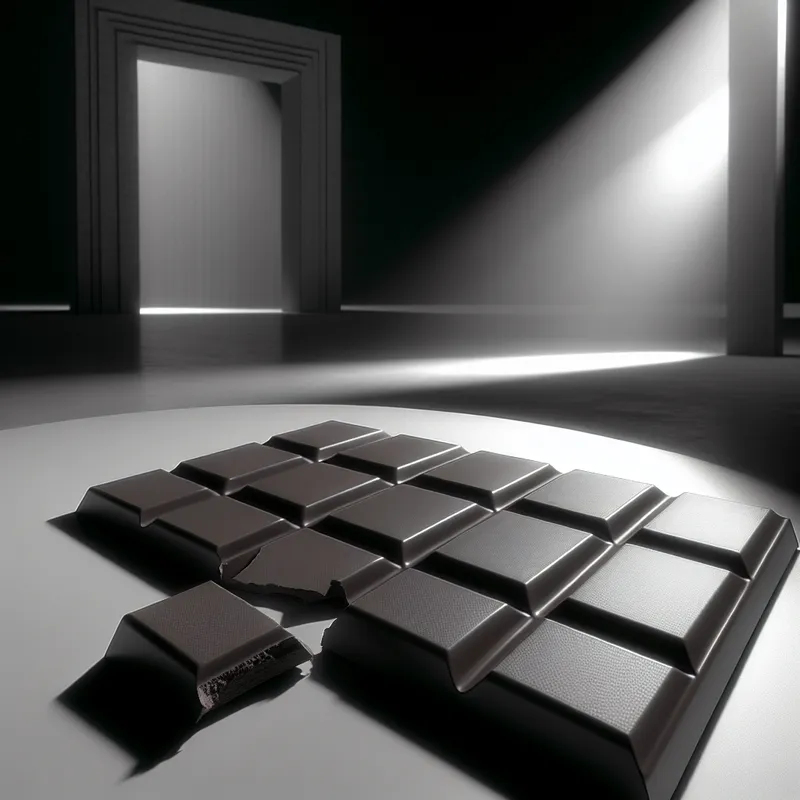 Hyperrealistische surrealistische afbeelding van een reep chocolade in vierkante stukjes, met een gebroken stukje ernaast op een gladde tafel, in dramatisch licht