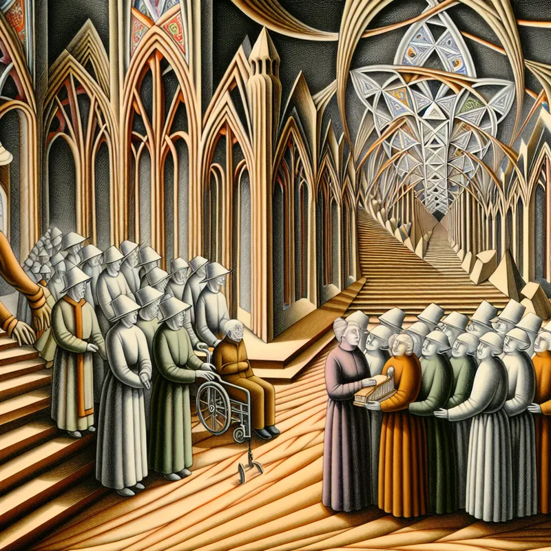 Surrealistisch tafereel van een religieuze gemeenschap met Br. Piet die een oudere persoon helpt in een kerkachtige omgeving, met geometrische patronen en onmogelijke architectuur.