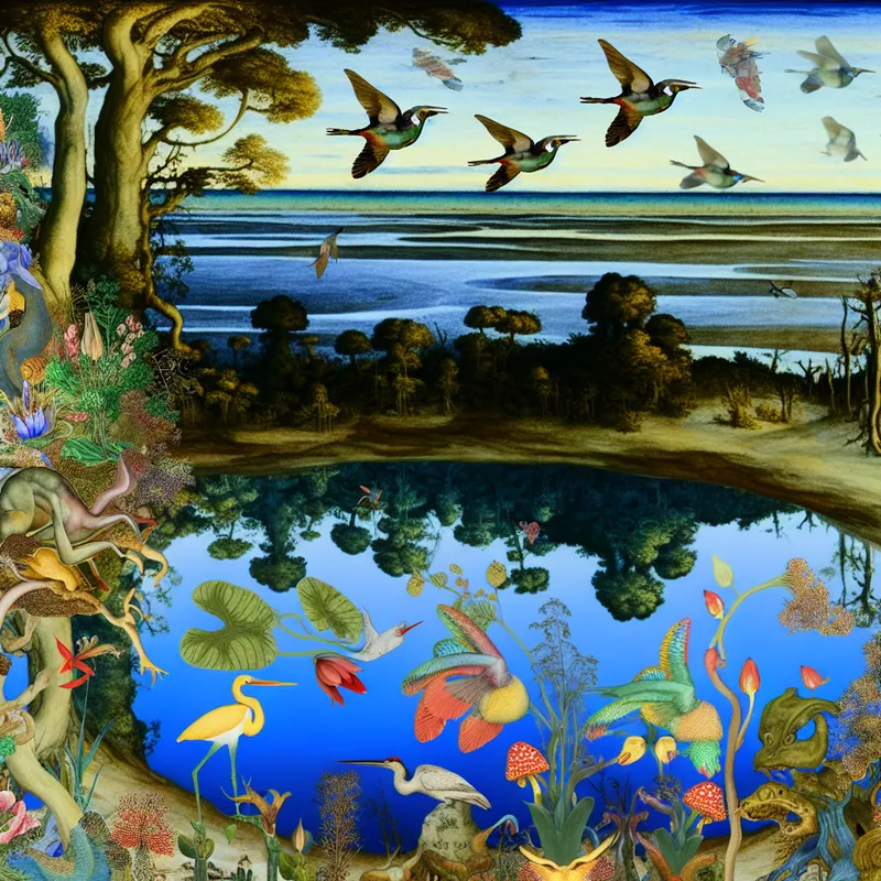Surrealistische weergave van een ria met rijke flora en diverse fauna, geïnspireerd door het fantasierijke werk van Hieronymus Bosch.