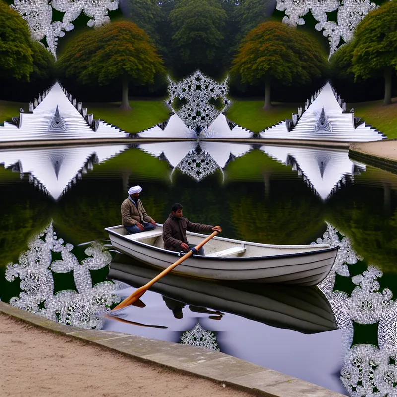 Surrealistische roeiboot op een spiegelgladde vijver met optische illusies in de stijl van M.C. Escher, omringd door onmogelijke architectuur en fractalbomen
