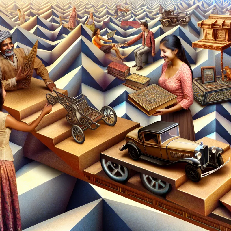 Surrealistisch marktplein met een persoon die een vintage boek overdraagt aan een andere die een klassieke auto vasthoudt, alles omgeven door Escher-achtige geometrische patronen.