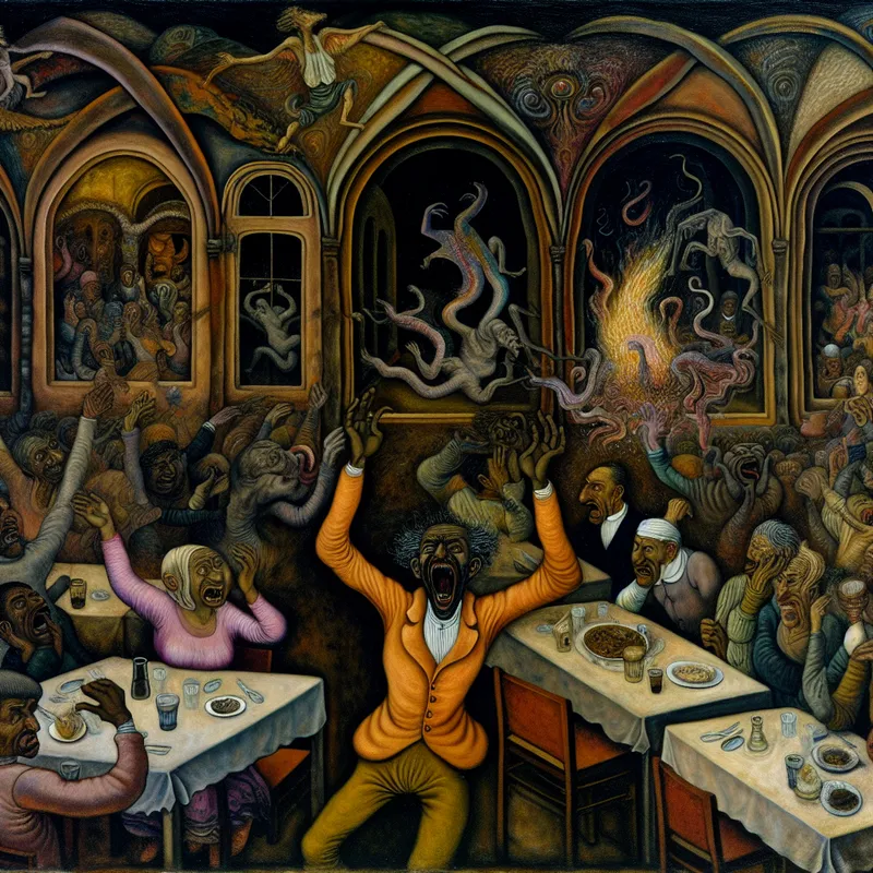 Surrealistische scène van een hevige ruzie in een druk restaurant, geïnspireerd op Hieronymus Bosch, met bizarre wezens en emotionele chaos